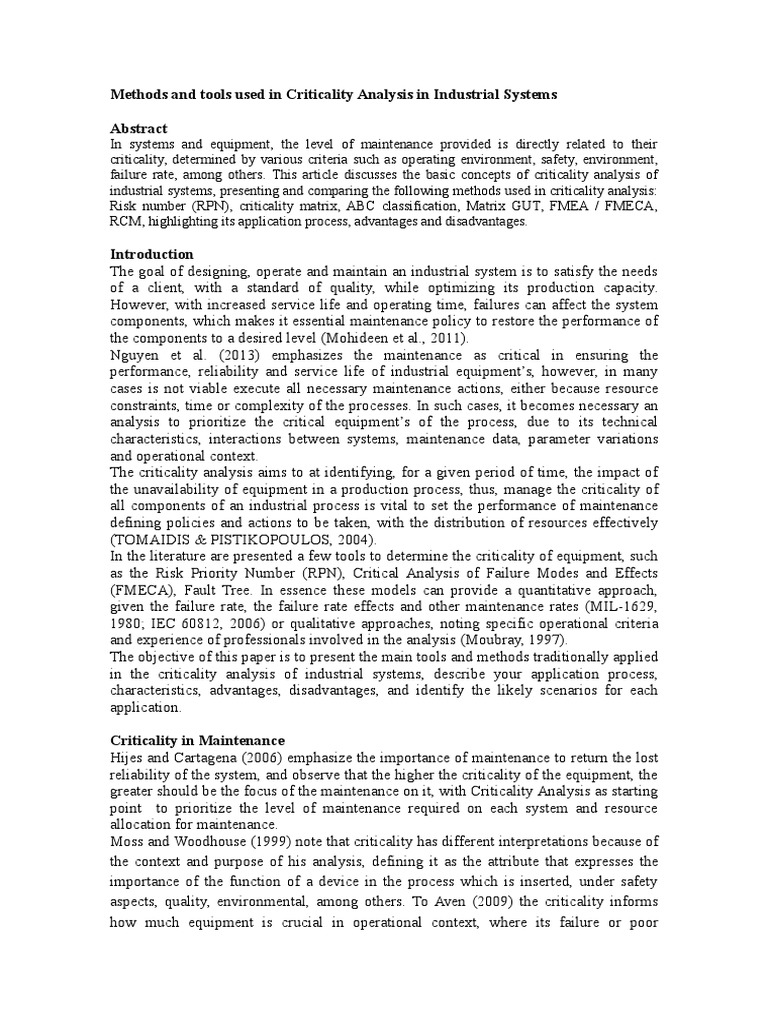 Criticality Analysis Methods in Industry | PDF | Reliability ...
