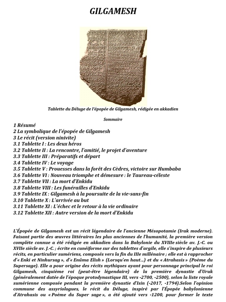 L épopée De Gilgamesh Résumé Par Chapitre