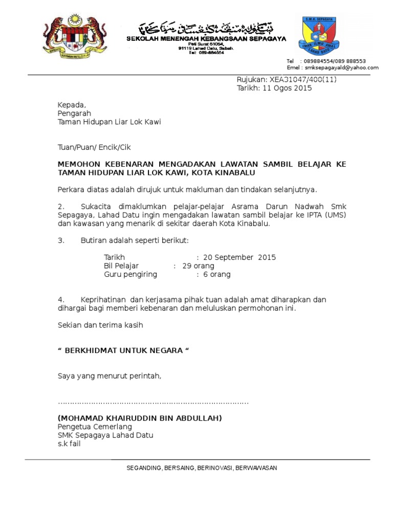 Surat Memohon Kebenaran Membuat Lawatan Taman Hidupan Liar Pdf