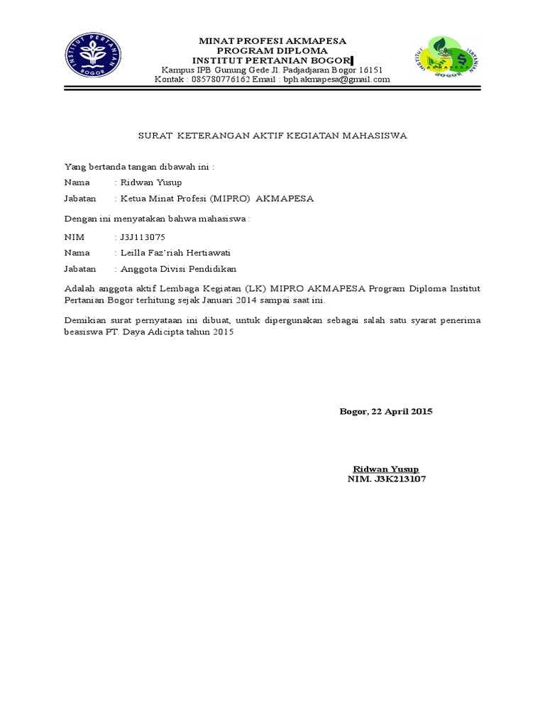 Contoh Surat Keterangan Aktif Anisasi