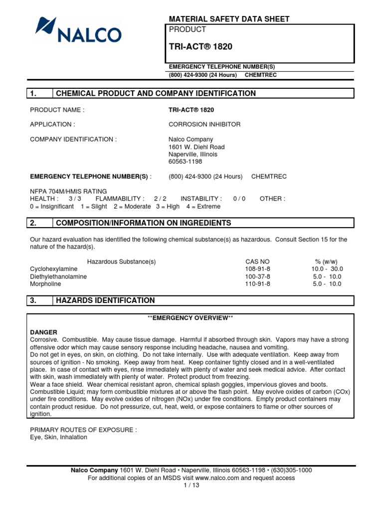 Nalco Tri Act 1820 Dangerous Goods Hazardous Waste