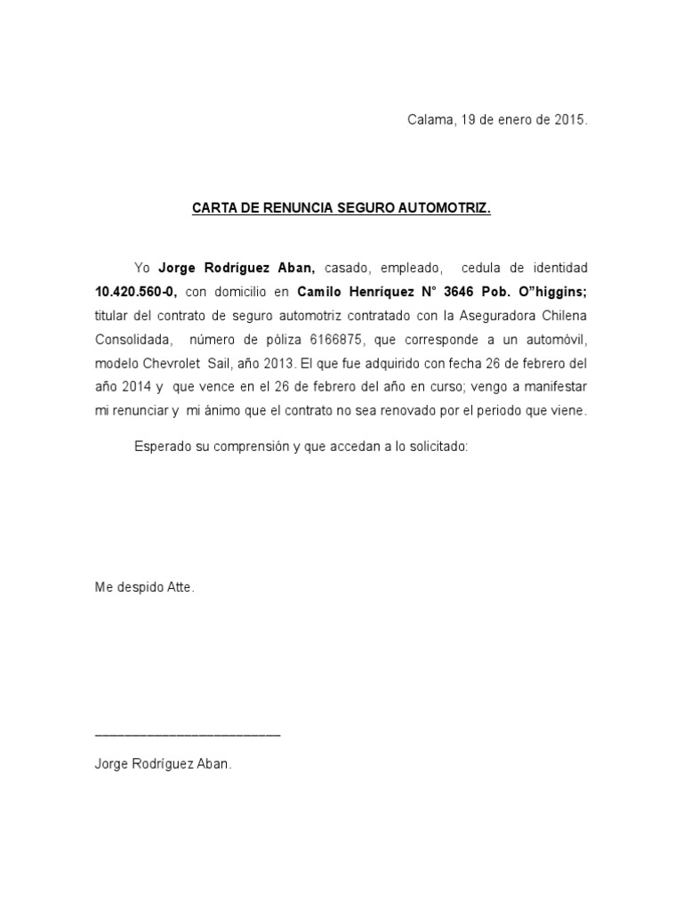 Carta De Renuncia A Seguro