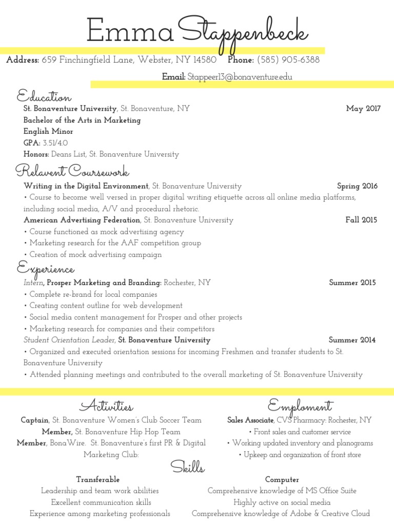 Emma Stappenbeck - Marketing Graduate Resume | PDF | Career & Growth