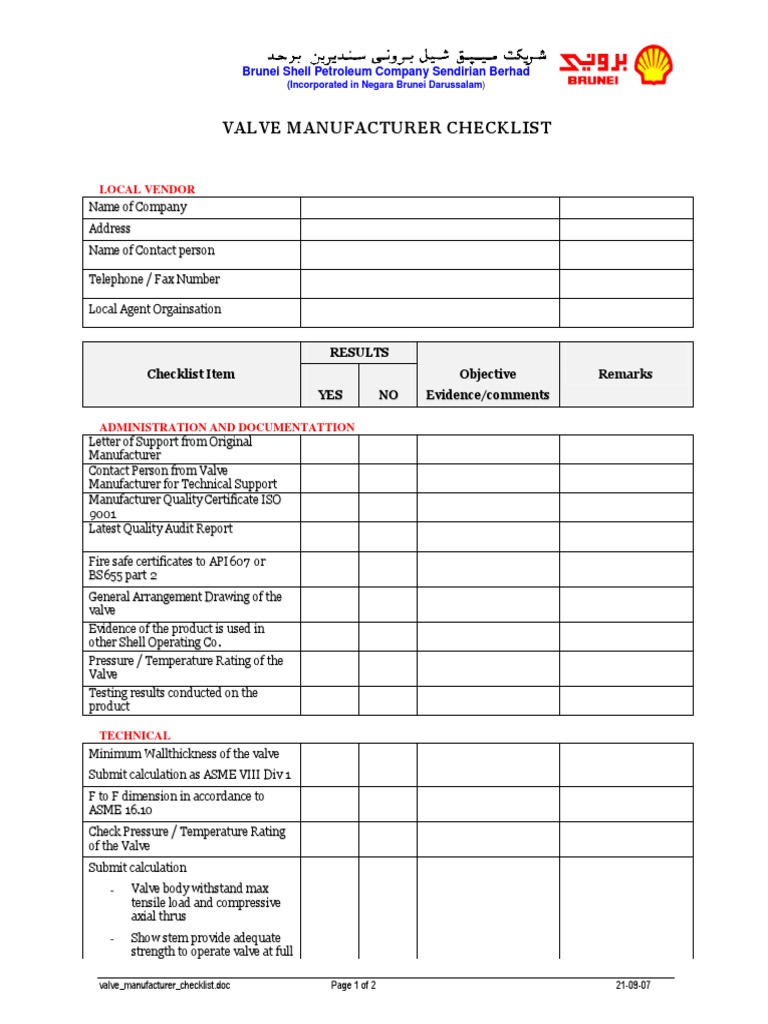Valve Manufacturer Checklist PDF