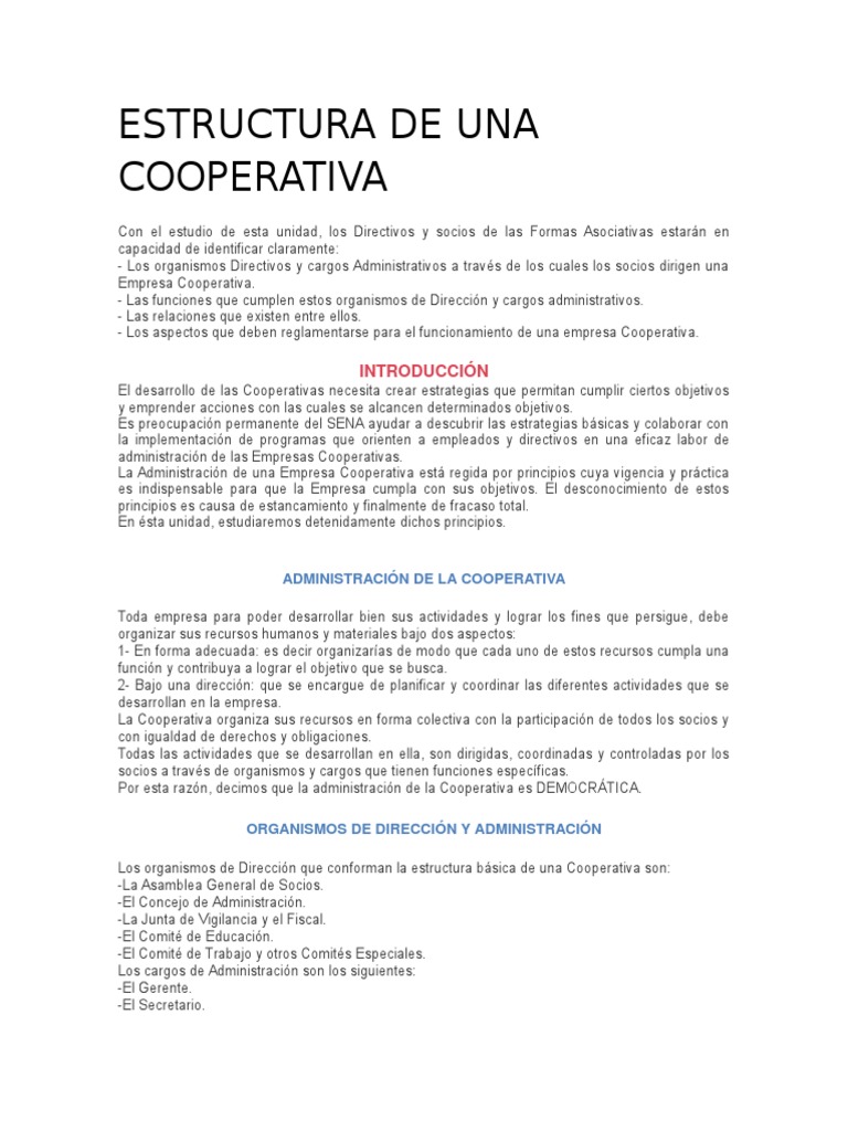 Estructura y Funciones de una Cooperativa | PDF | Cooperativa ...