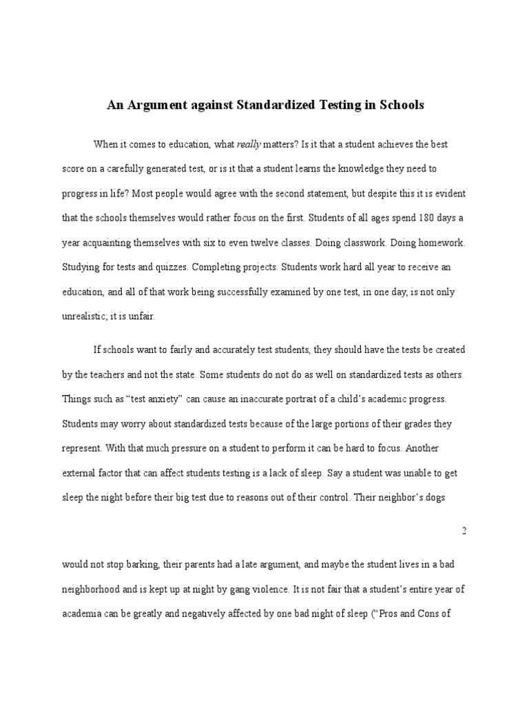 An Argument Against Standardized Testing in Schools-Name | PDF ...