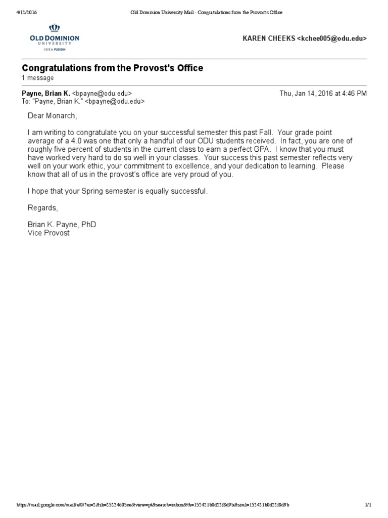 Old Dominion University Mail - Congratulations From The Provosts Office ...