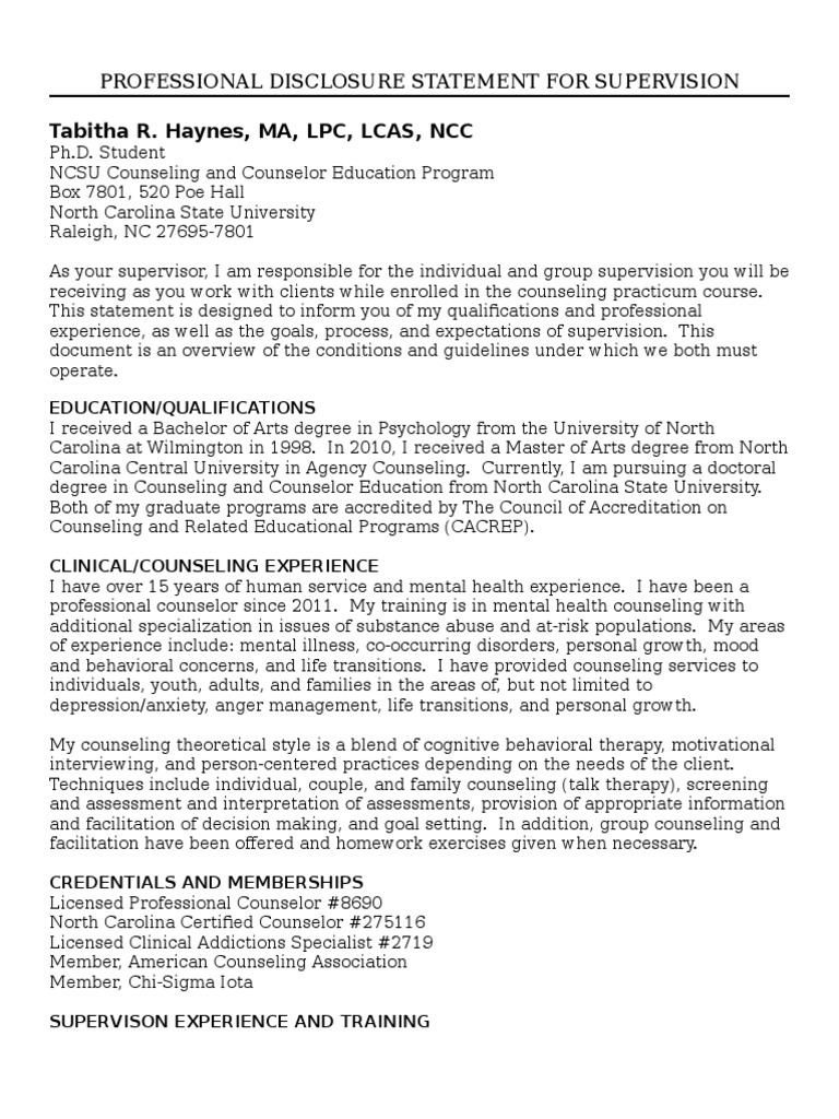 Professional Disclosure for Supervision | PDF | School Counselor ...