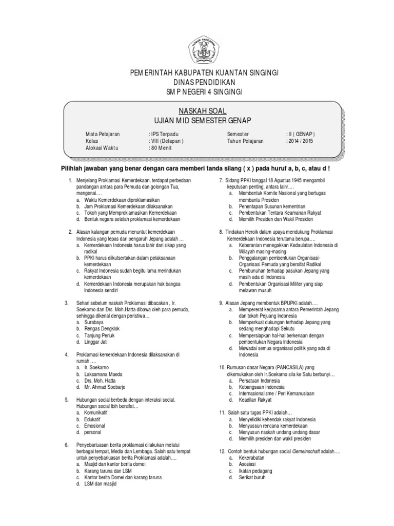 Soal Mid Ips Kelas 8
