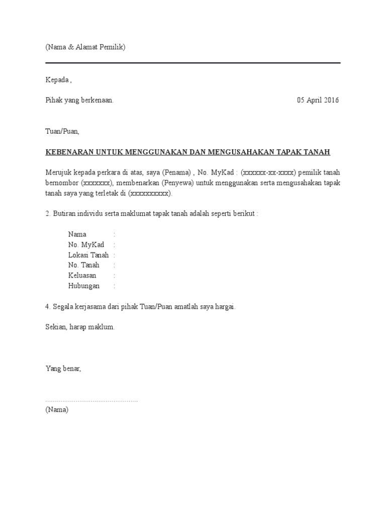 Surat Kebenaran Menggunakan Tanah