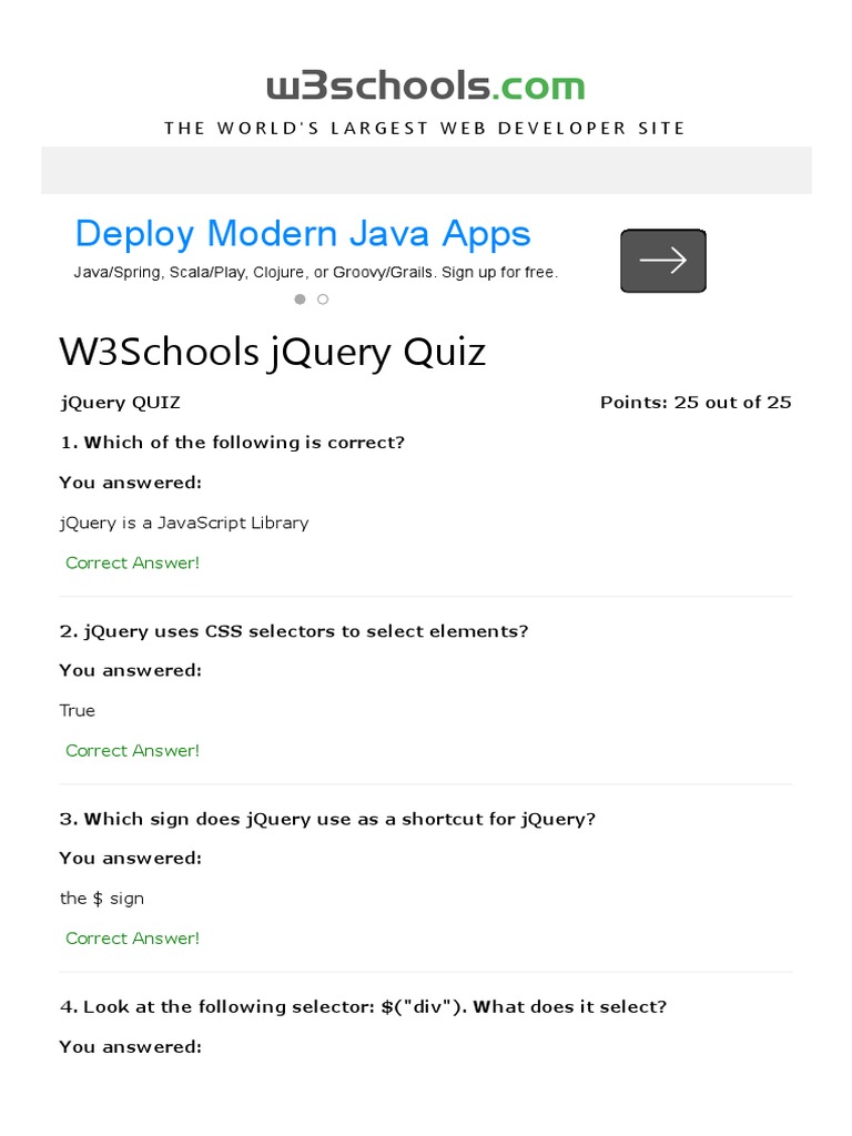 W3Schools JQuery Quiz Test J Query Cascading Style Sheets
