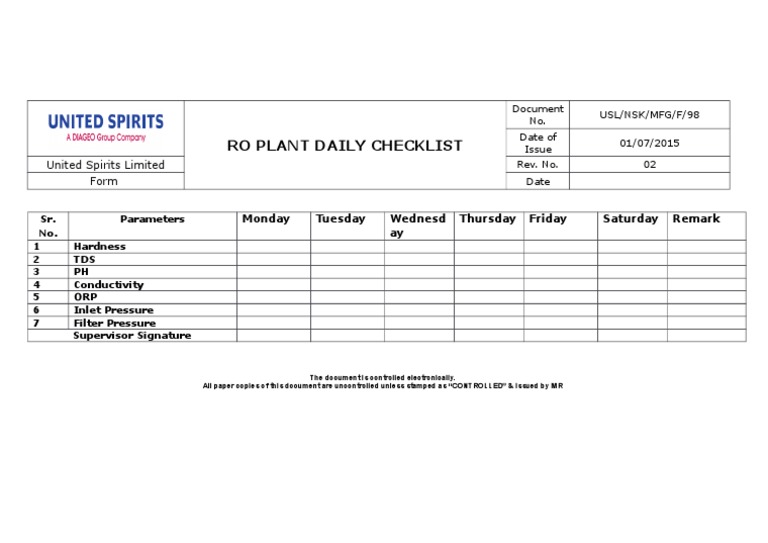 RO Plant Daily Maintenance Checklist | PDF | Technology & Engineering