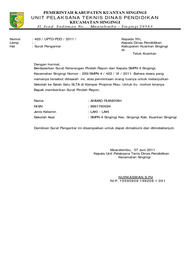 Surat Pindah Rayon Uptd