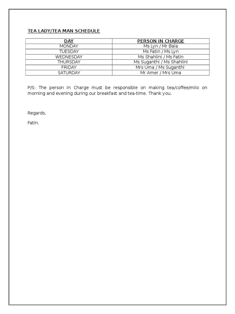 Tea Lady Schedule and Responsibilities | PDF