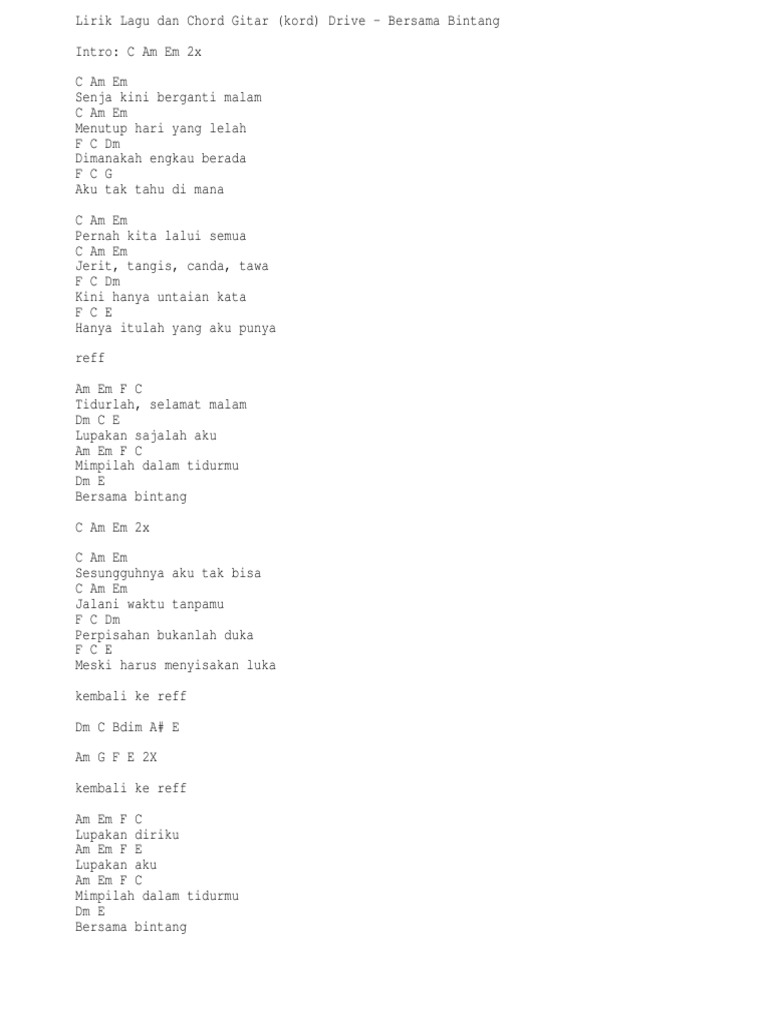 Lirik Lagu Dan Chord Gitar Kord Drive Bersama Bintang