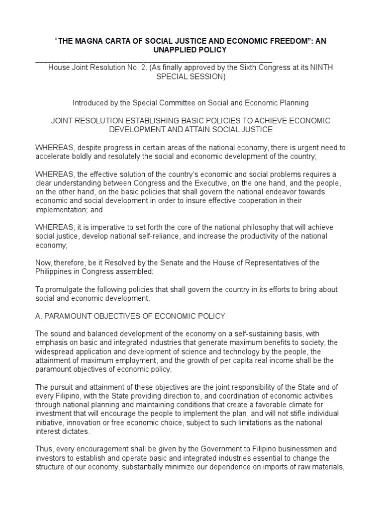 The Magna Carta Of Social Justice And Economic Freedom An Unapplied Policy 1 Cooperative Economies