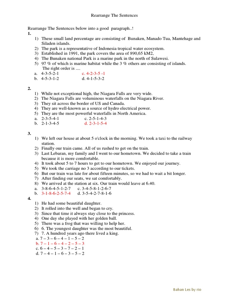 Sentence Rearrangement Exercises | PDF | Leisure | Nature