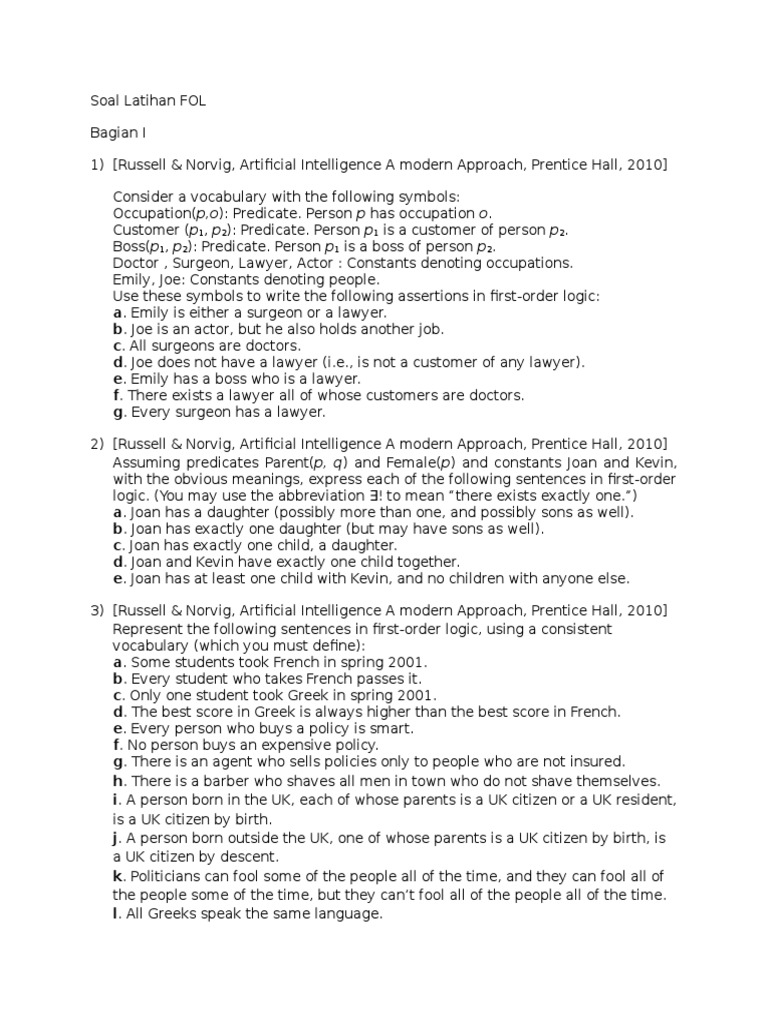 Soal Latihan First Order Logic Logic