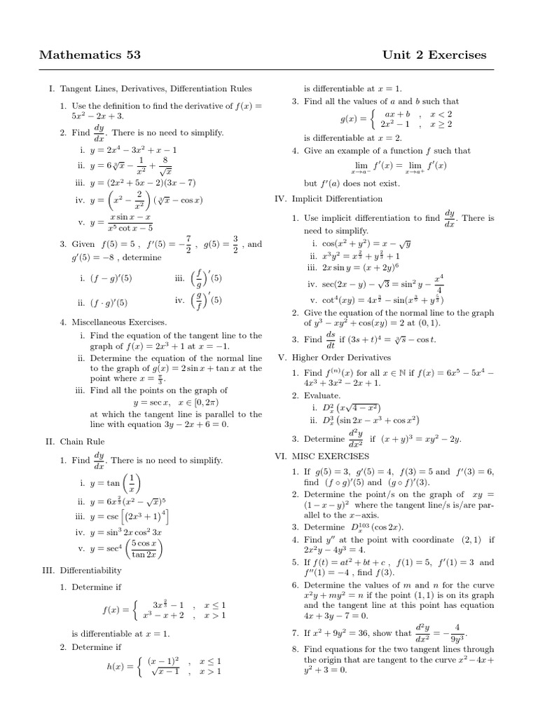 Math 53 Unit 2 Exercises | PDF | Volume | Derivative