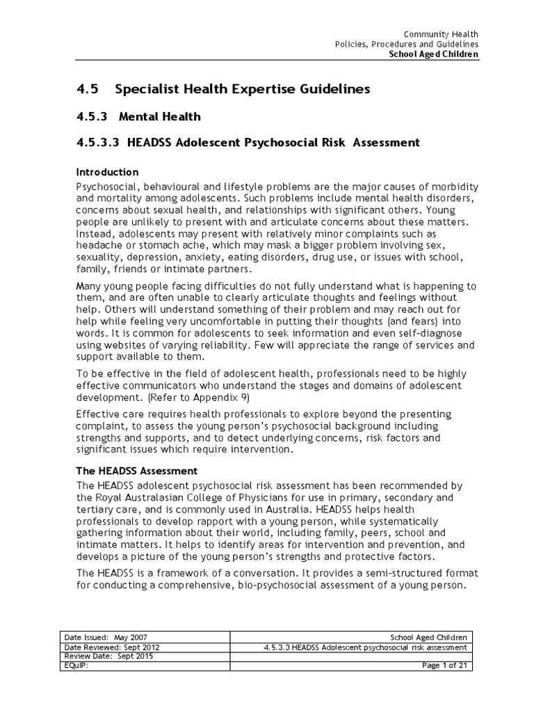 4.5.3.3 HEADSS Adolescent Psychosocial Risk Assessment Substance