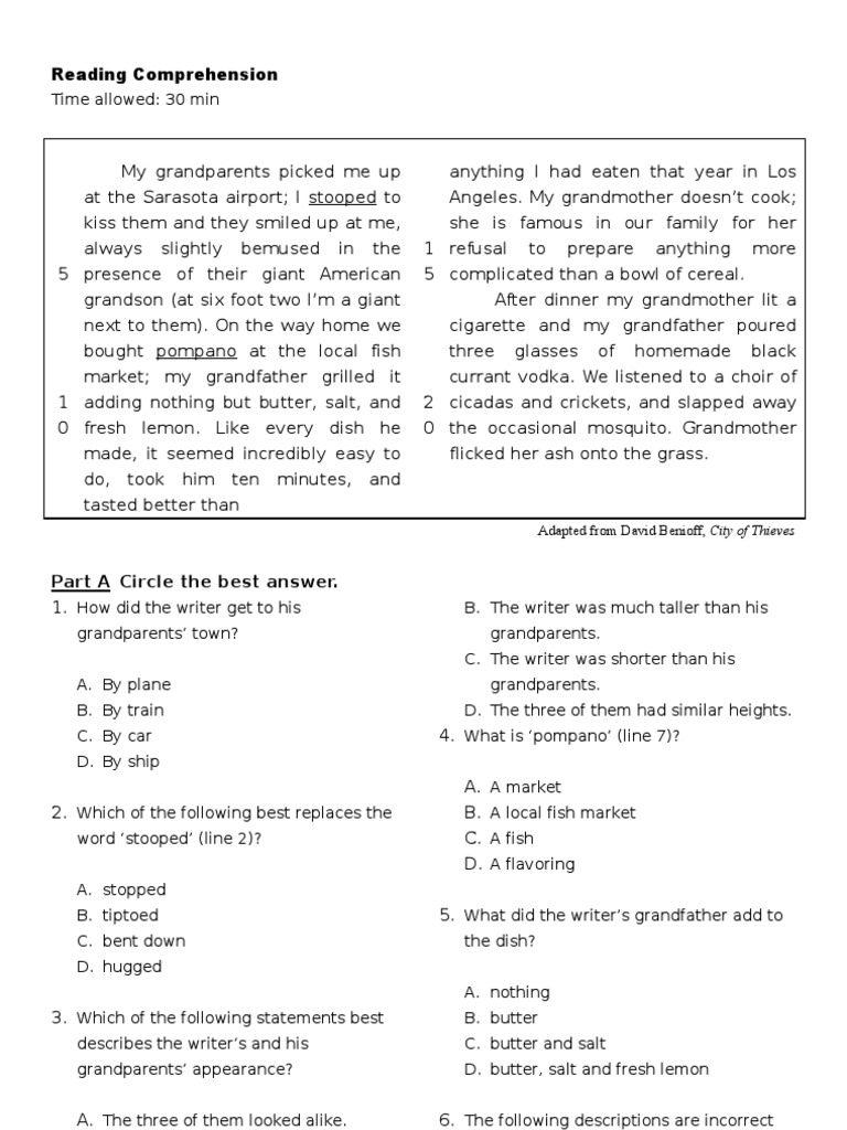 Reading Comprehension 2 | Cooking | Food & Wine