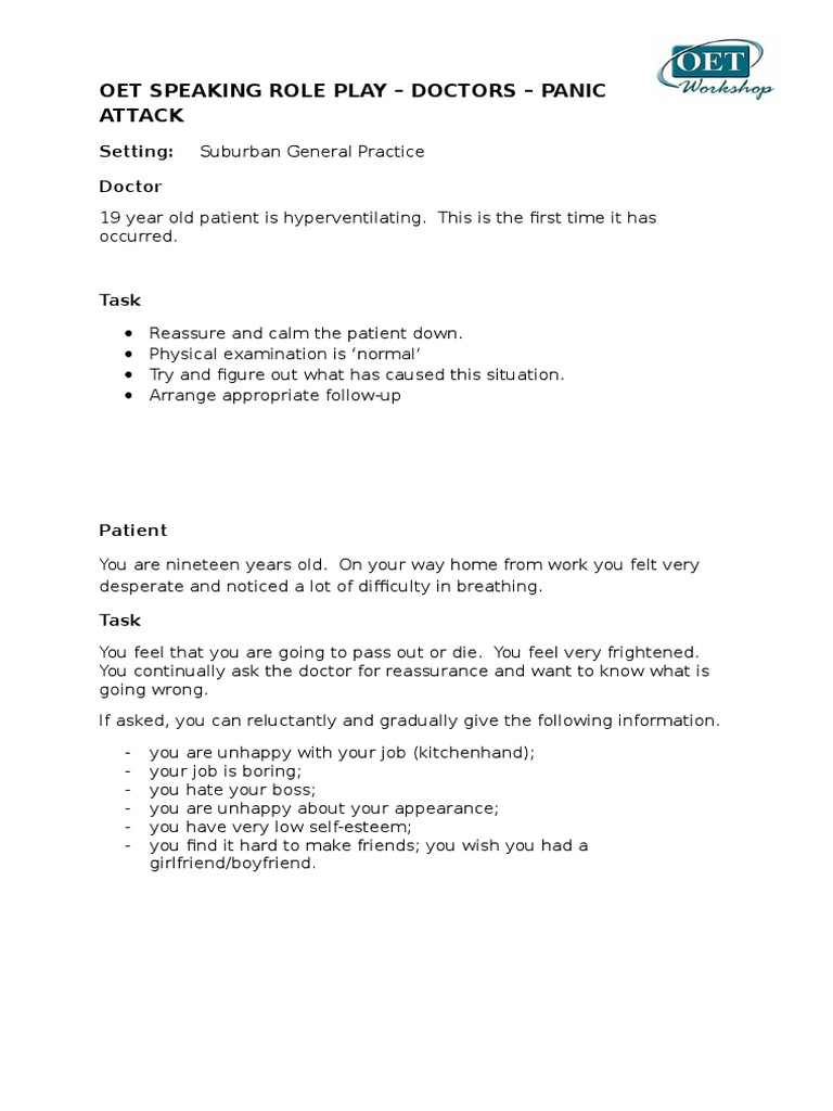 Oet Speaking Role Play - Doctors - Panic Attack: Setting: Doctor | PDF