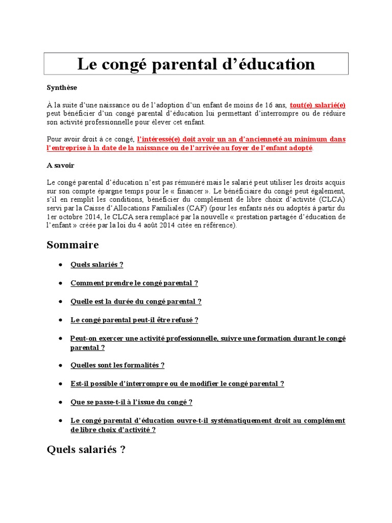 Note de Synthèse Sur Le Congé Parental d'Éducation  Travail à temps
