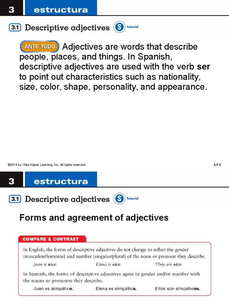 2014 by Vista Higher Learning, Inc. All Rights Reserved | PDF | Grammatical  Gender | Adjective