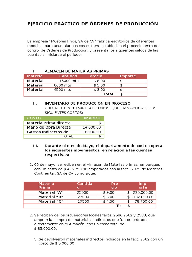 Ejercicio de Ordenes de Produccion Muebles Finos | Economias | Hoja de