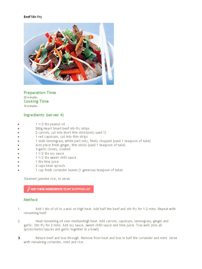 Preparation Time Cooking Time Ingredients (Serves 4) : Beef Stir-Fry | PDF