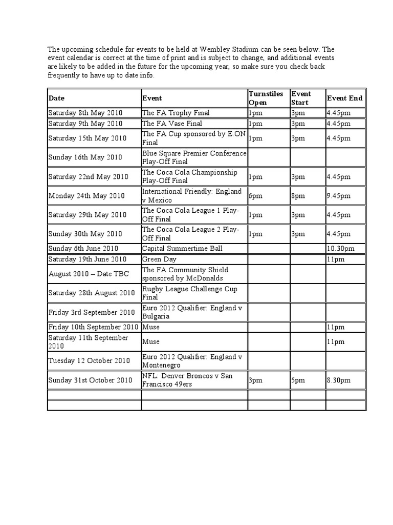 Wembley Stadium Schedule PDF Sports Competitions Association Football