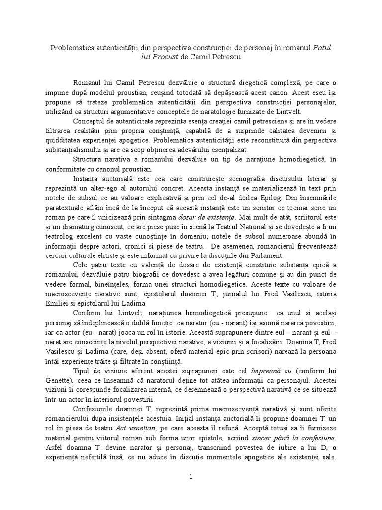Problematica Autenticității Din Perspectiva Construcției de Personaj În ...