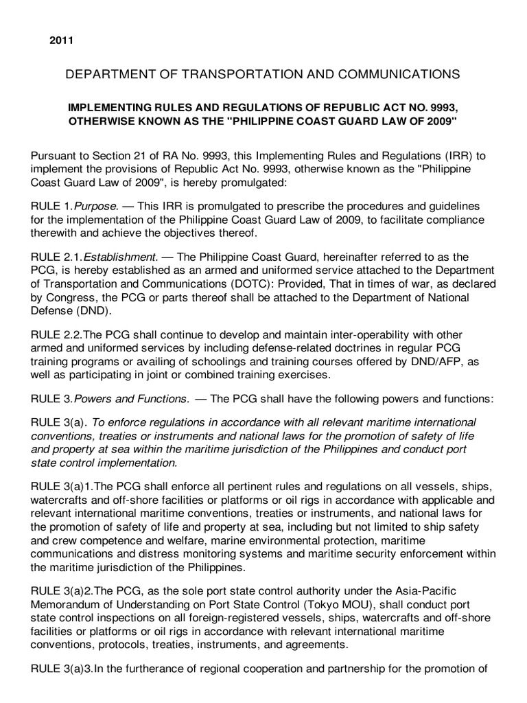 IRR of Coast Guard Law Philippines PDF Marine Salvage Ships