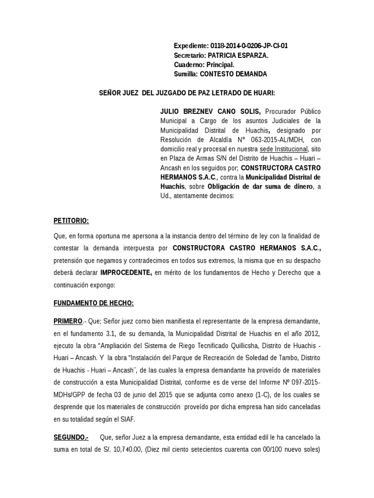 Constestacion DEMANDA DE OBLIGACION DE DAR SUMA DE DINERO | Virtud ...