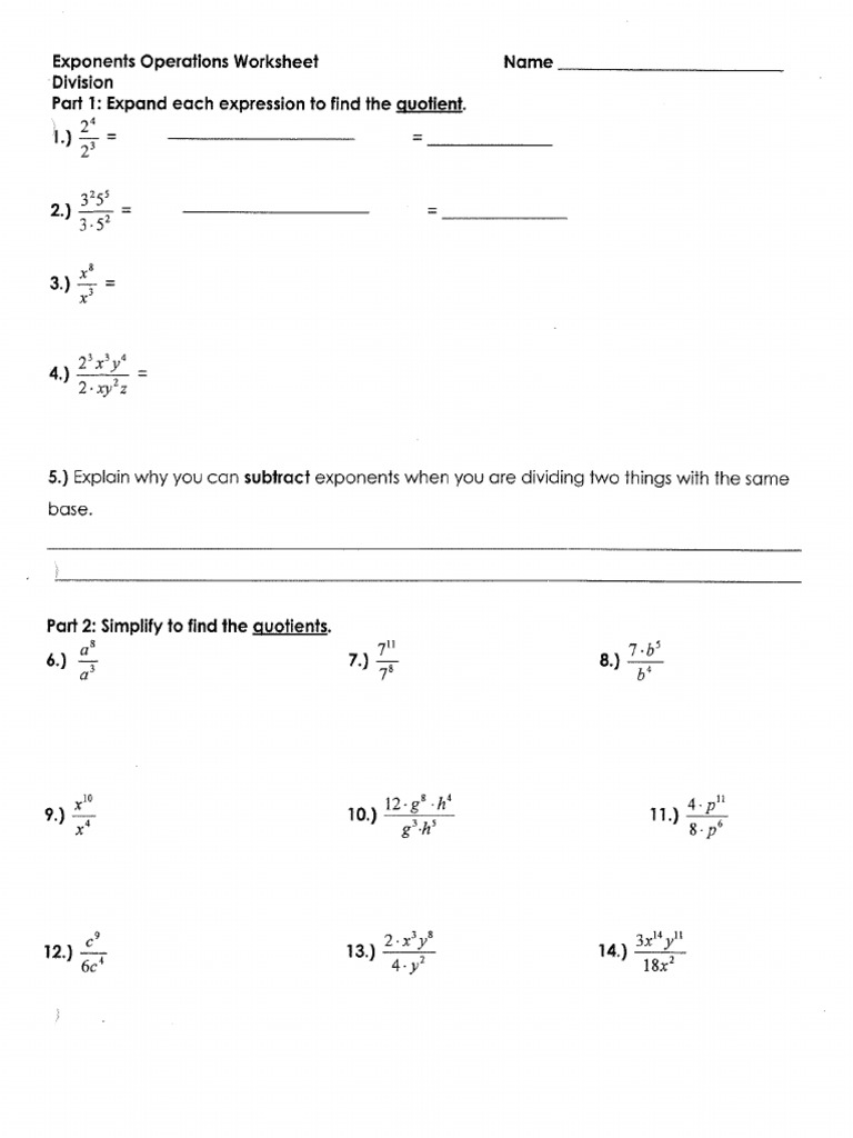 Division Exponents Worksheet  PDF With Regard To Operations With Exponents Worksheet