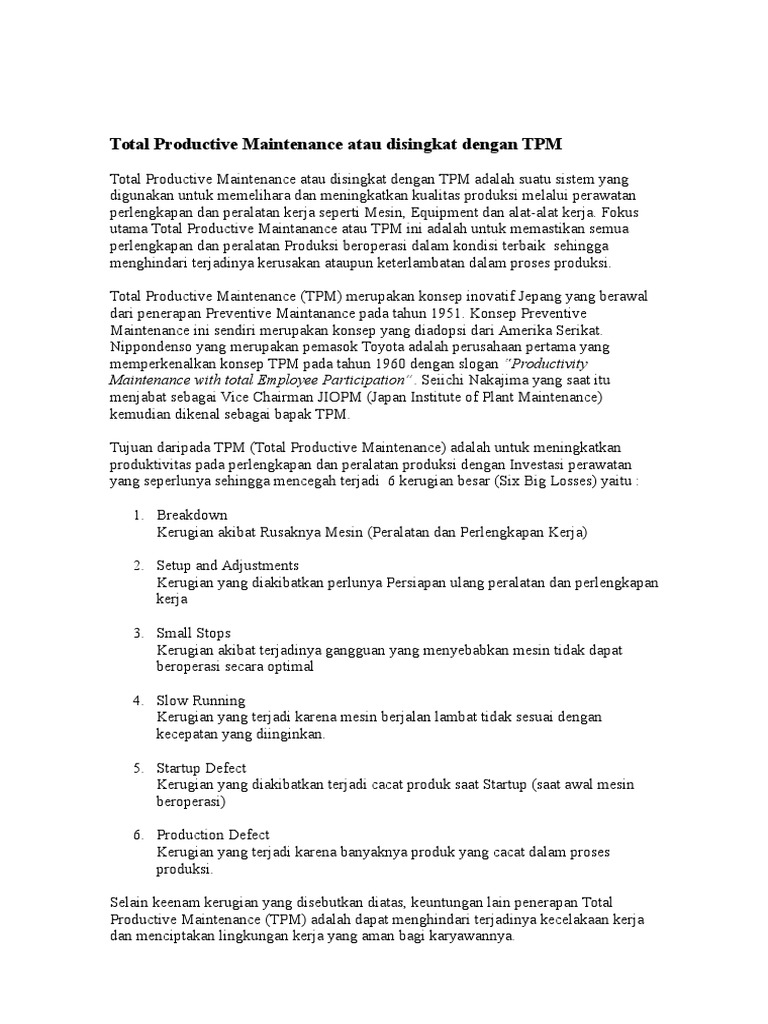 Apa Yang Dimaksud Dengan Total Productive Maintenance TPM Apa Yang Dimaksud Dengan Total Productive Maintenance TPM