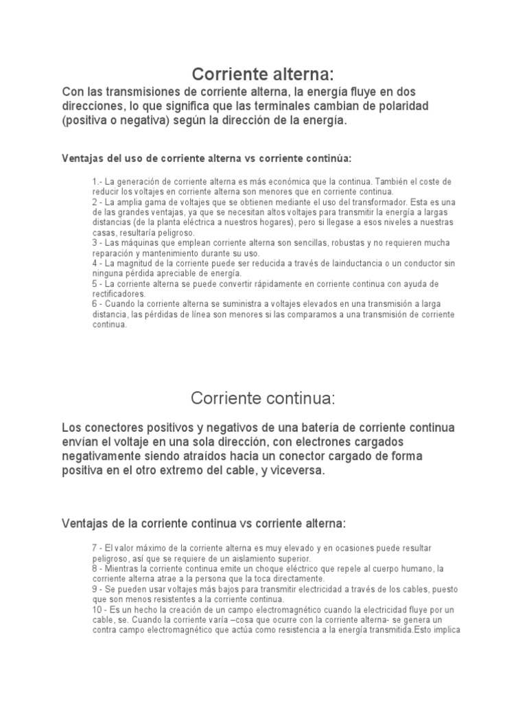 Ventajas y Desventajas de CC y CD PDF Corriente alterna Corriente eléctrica
