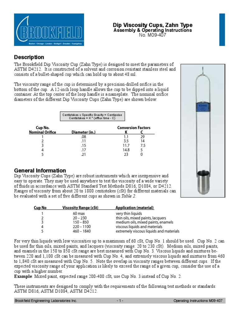 Dip Viscosity Cups, Zahn Type | PDF | Viscosity | Paint
