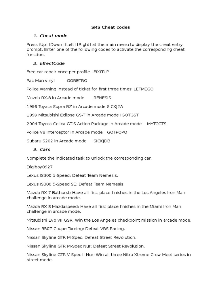 SRS Cheat Codes and Car Setup Guide PDF Ignition System Vehicles