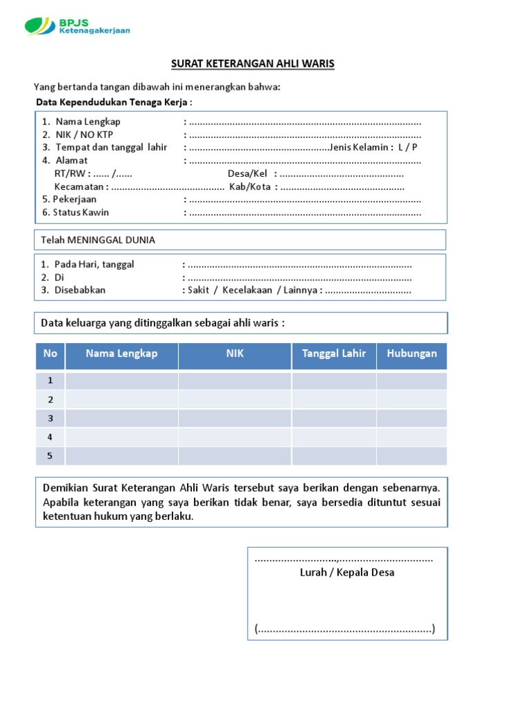 Surat Ahli Waris Bpjs Tk