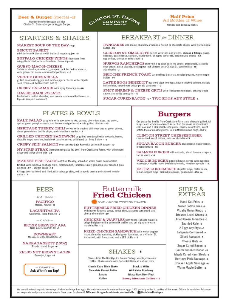 Clinton Street Baking Co., Dinner Menu Hamburgers Coleslaw