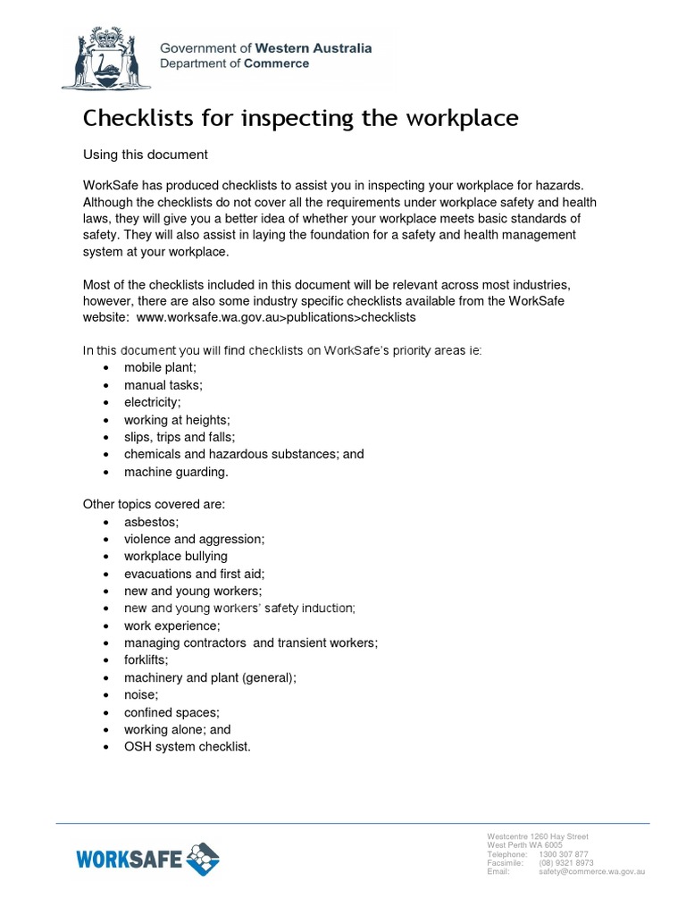 Hazard Identification Priority Area Checklist Worksafe Gov Au