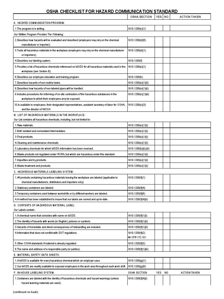 OSHA Checklist Dangerous Goods Labour Relations