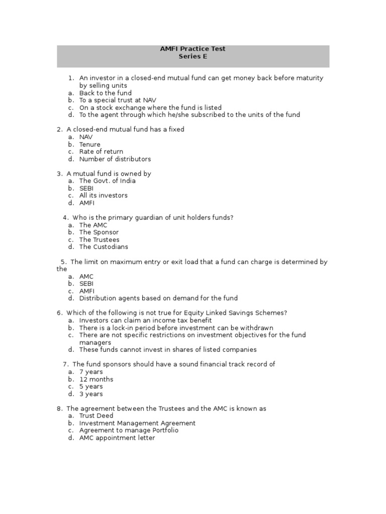 AMFI Mutual Fund Practice Test Questions | PDF | Yield (Finance ...