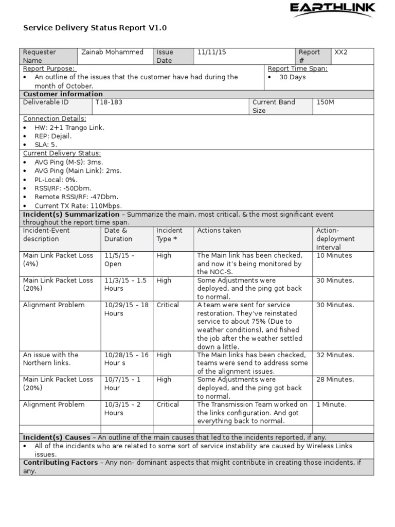 Service Delivery Status Report V1.0 T18183 Example Computer