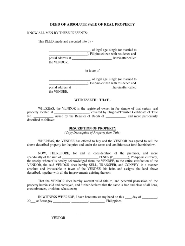 Absolute Sale Deed of Real Property | PDF | Deed | Property