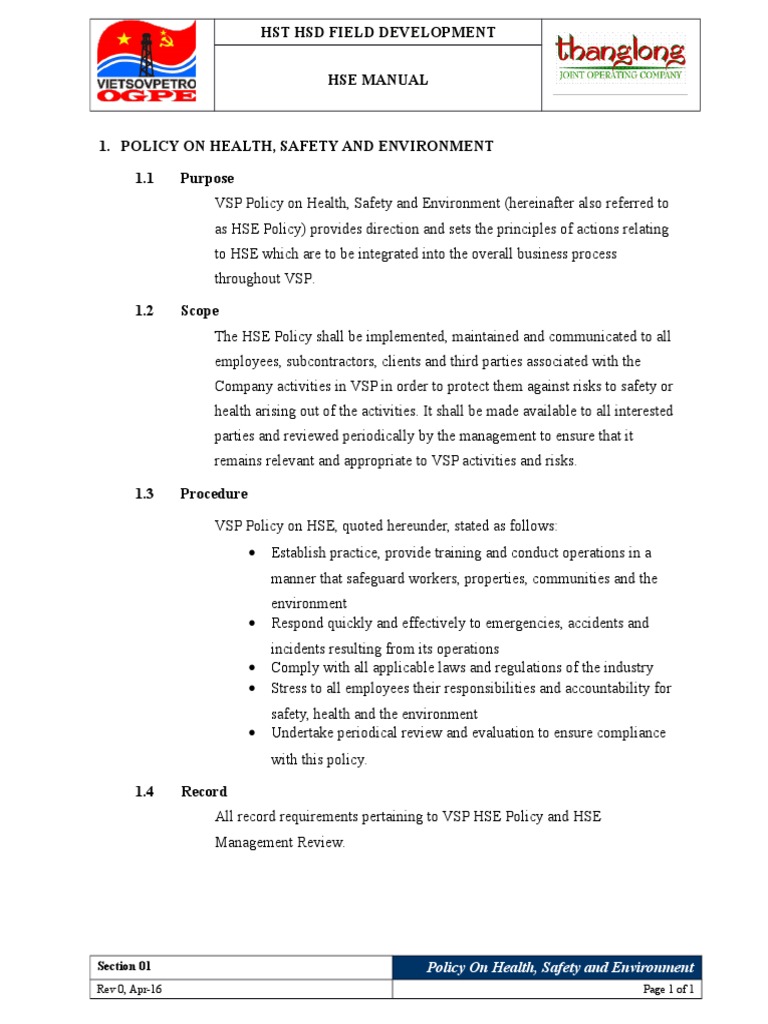 HST HSD Field Development Hse Manual: Section 01 | PDF