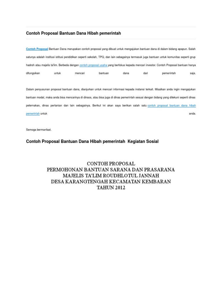 Contoh Proposal Bantuan Dana Hibah Pemerintah Docx