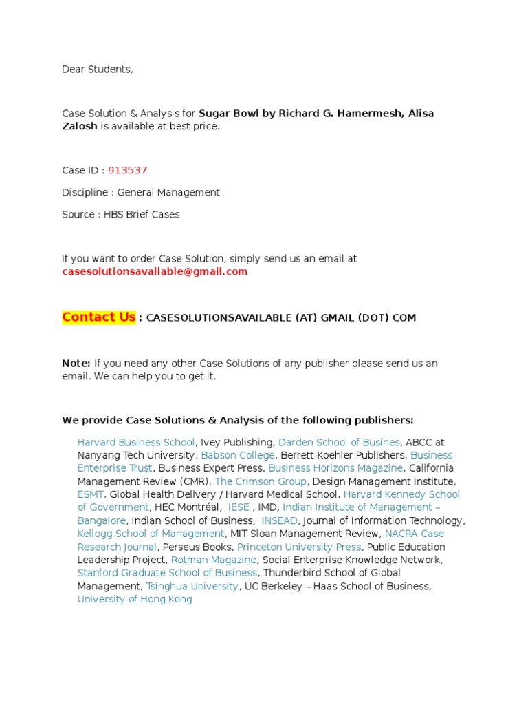 Case Solution for Sugar Bowl