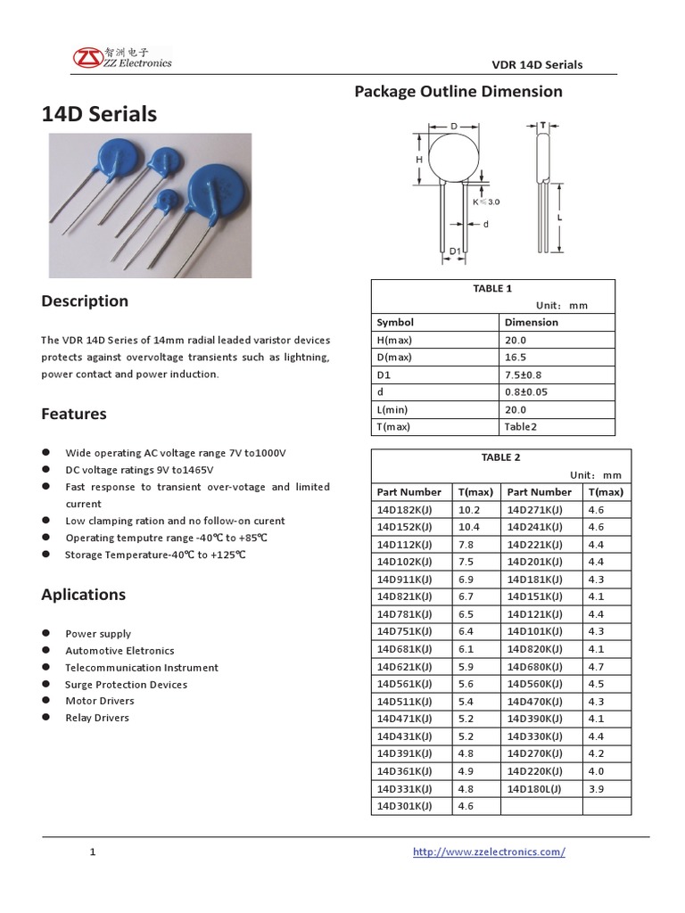 Tabla de Varistores Electricidad Ingenieria Eléctrica